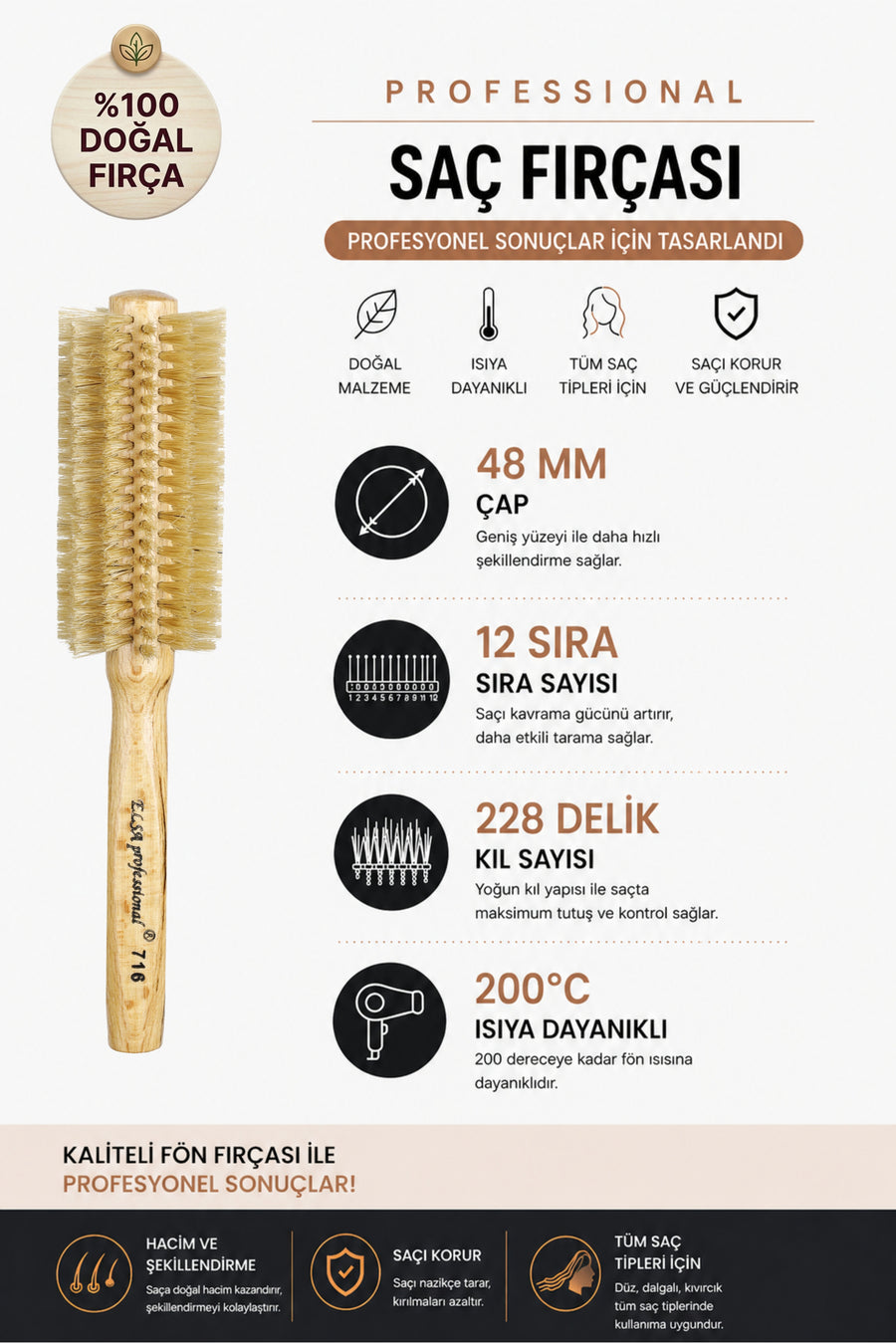 Elsa Professional 716 fön fırçası 48 mm 12 sıra 228 kıl deliği ve 200°C teknik özellikleri