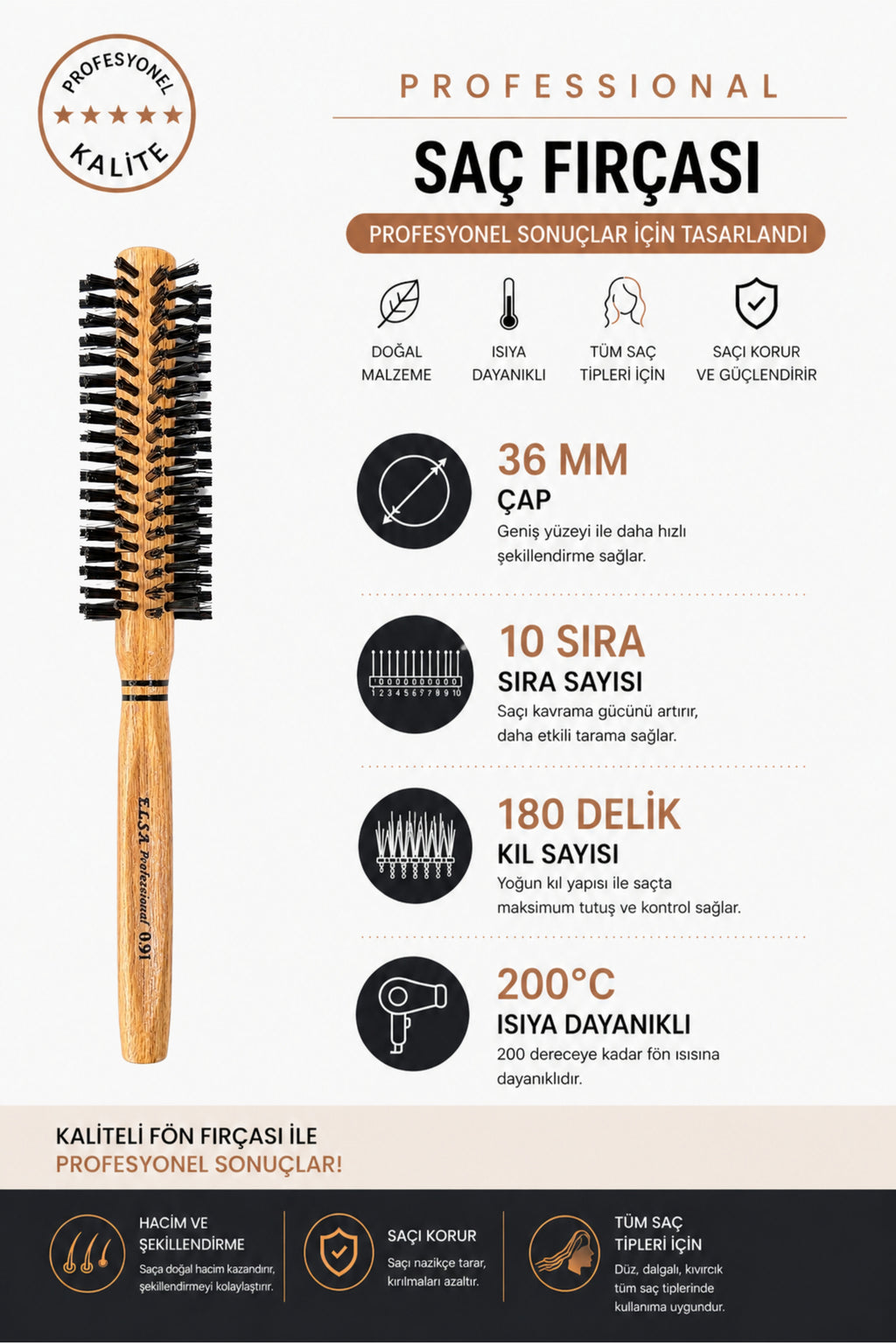 Professional 0.91 Natürel Sert Saç Fırçası 36 mm – Profesyonel Fön Fırçası, Hacim Veren Yuvarlak Saç Fırçası - Elsa Saç Fırçaları