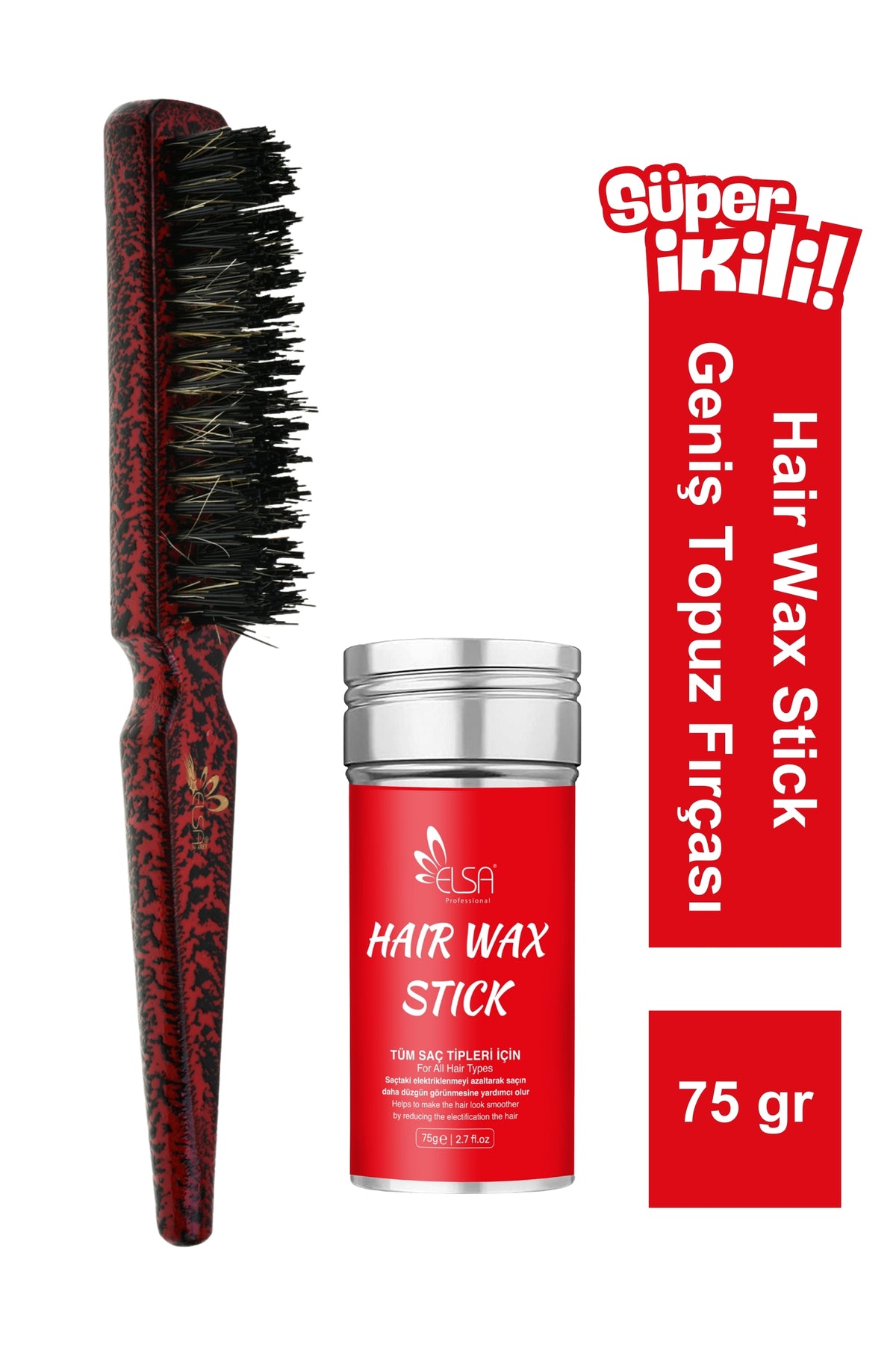 Professional Hair Wax Stick 75gr - Hair Fixative and 132 Bun Brush 2-Piece Set