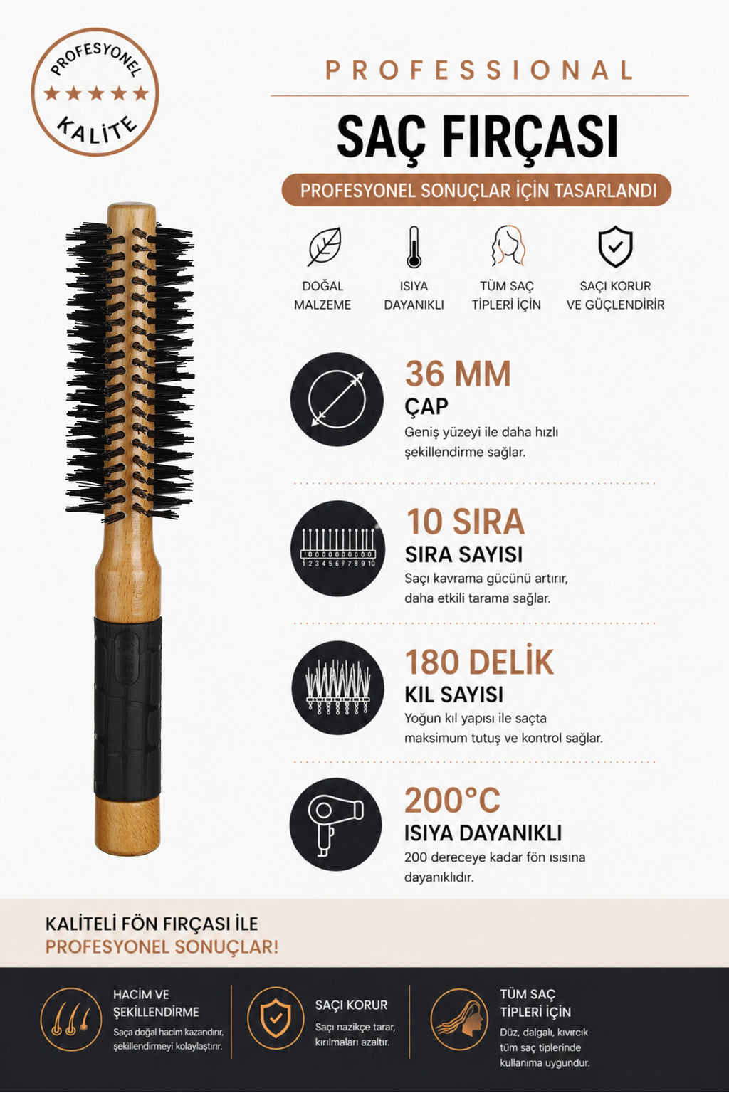 Professional 502 Natürel Saç Fırçası 36 mm – Profesyonel Fön Fırçası, Hacim Veren Yuvarlak Saç Fırçası - Elsa Saç Fırçaları