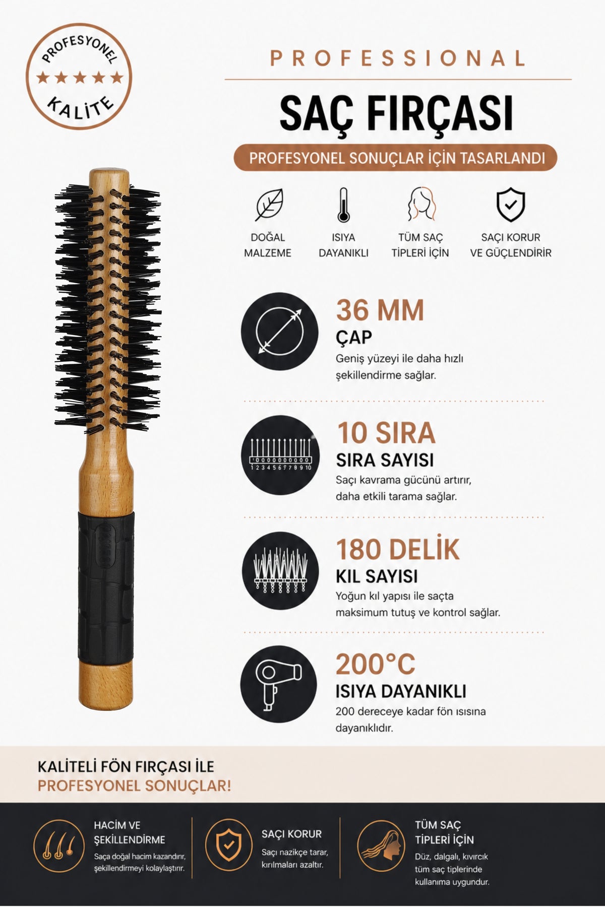 Professional 502 Natürel Saç Fırçası 36 mm – Profesyonel Fön Fırçası, Hacim Veren Yuvarlak Saç Fırçası - Elsa Saç Fırçaları
