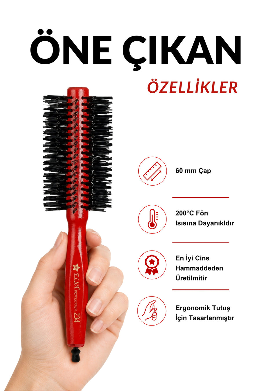 Elsa Professional 234 Kırmızı fön fırçası 60 mm ve 200 derece teknik özellikleri