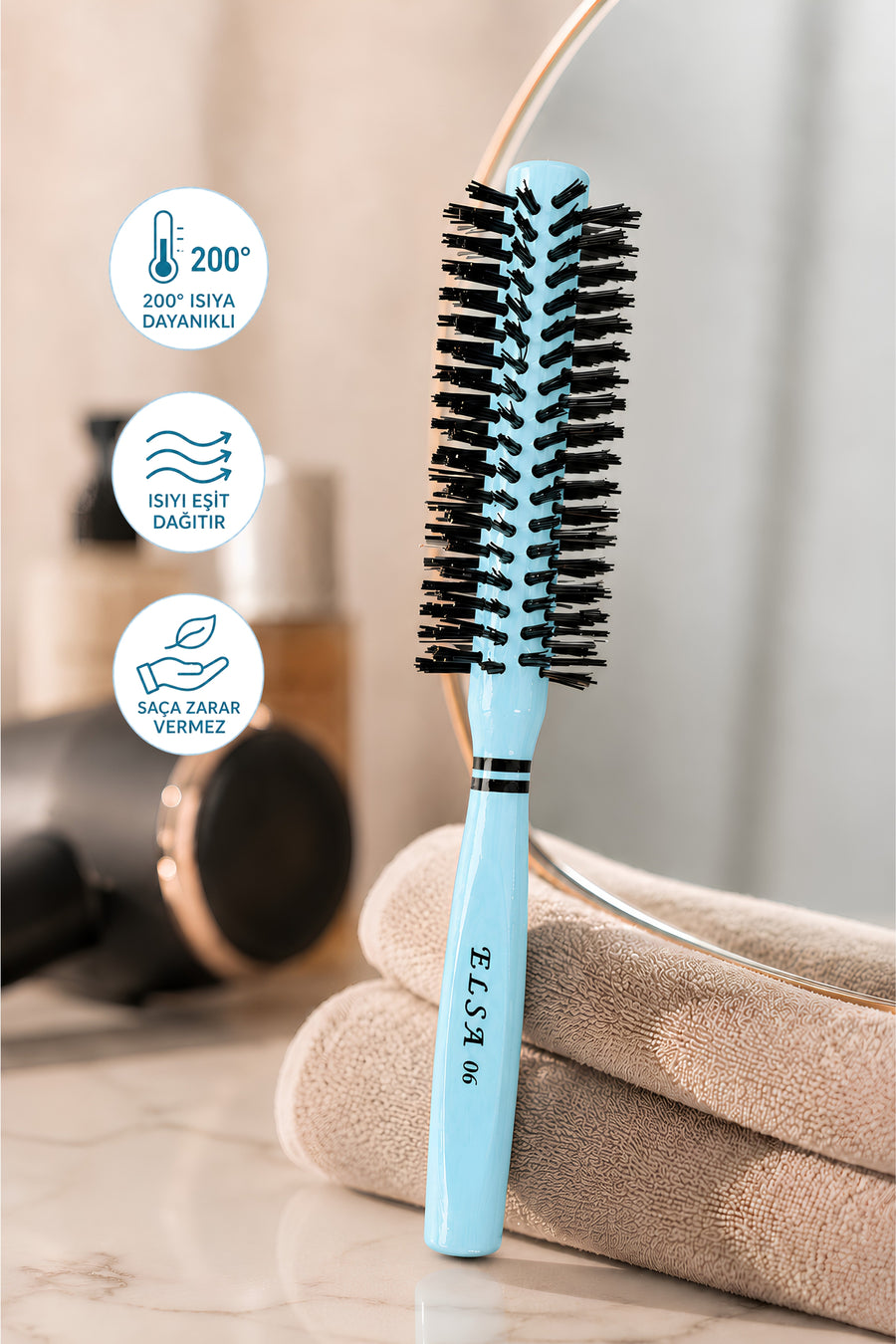 Elsa Professional 06 Cam Göbeği fön fırçası 200 derece ısı ve eşit ısı dağılımı özellikleri