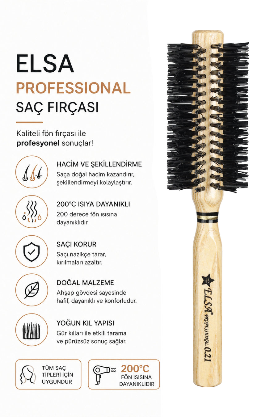 Professional 0.21 Natural Hair Brush 48 mm – Professional Blow-Dry Brush, Volumizing Round Hair Brush
