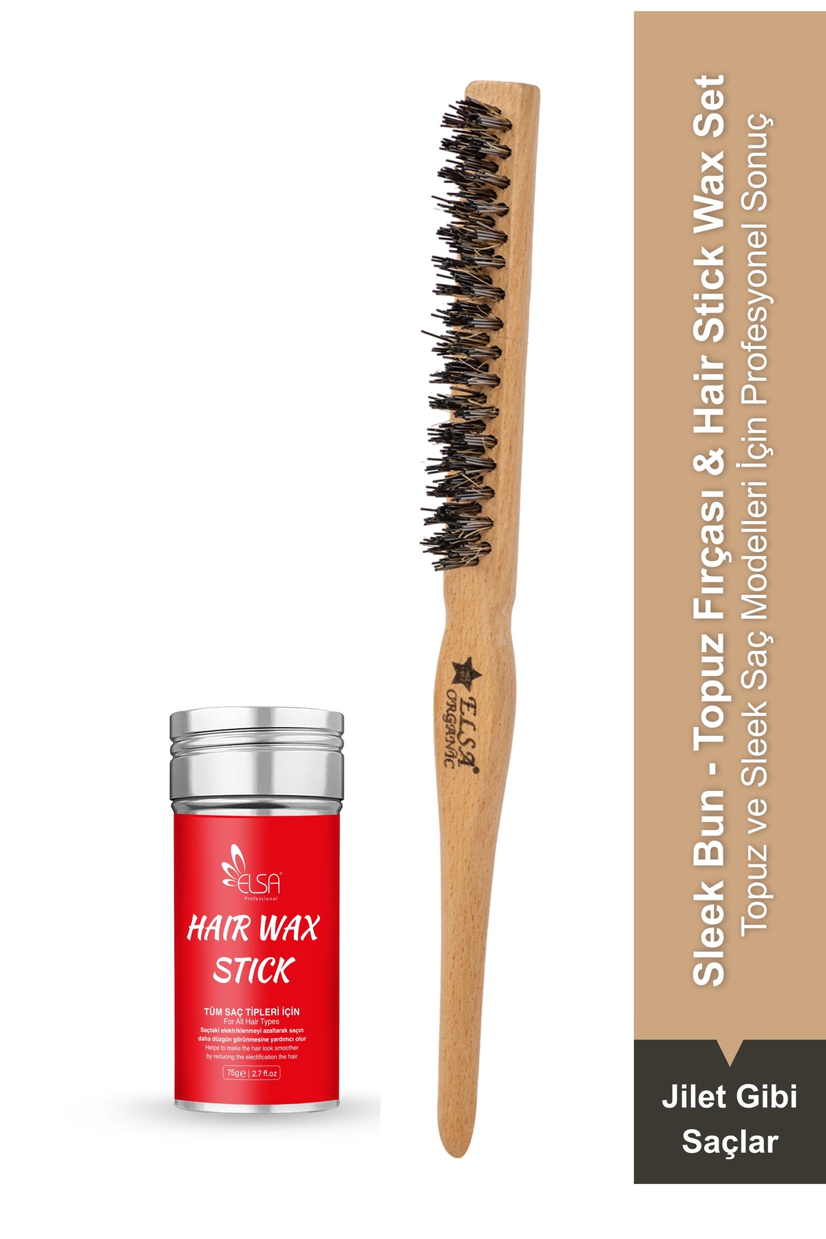 Professional Hair Wax Stick 75g - Hair Fixer and Organic Bun Brush Sleek Bun 2-Piece Set