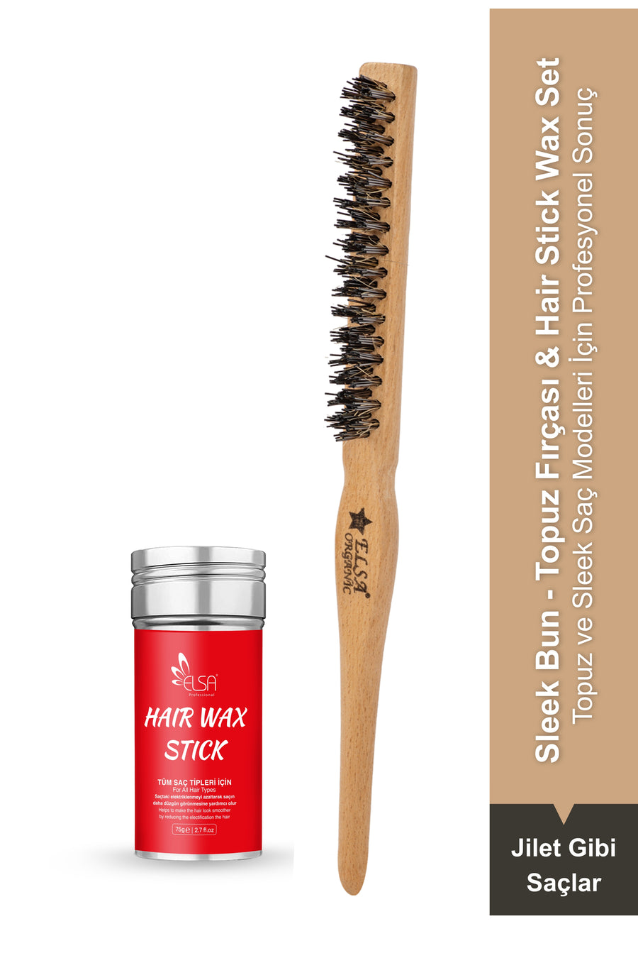 Professional Hair Wax Stick 75g - Hair Fixer and Organic Bun Brush Sleek Bun 2-Piece Set
