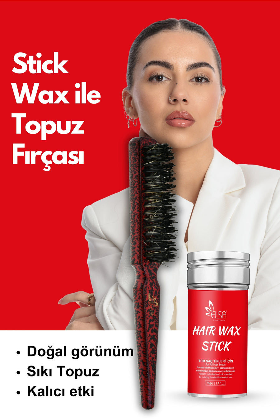 Professional Hair Wax Stick 75gr - Hair Fixative and 132 Bun Brush 2-Piece Set