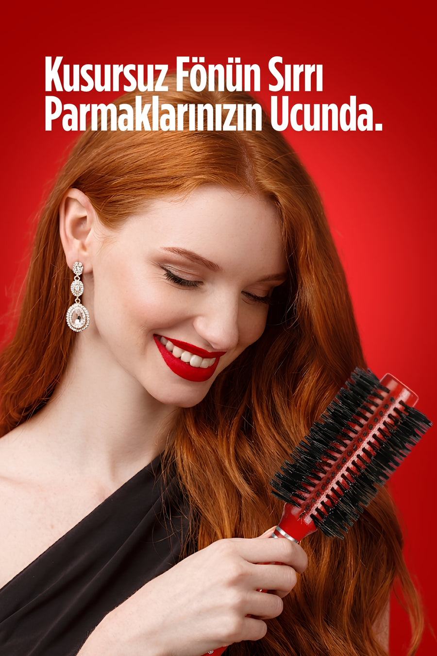 Elsa Professional 281 kırmızı 57 mm fön fırçası uzun saçta kullanım görünümü