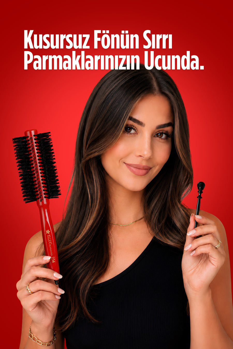 Elsa Professional 234 Kırmızı fön fırçası ve saç ayırma aparatı kullanım görünümü