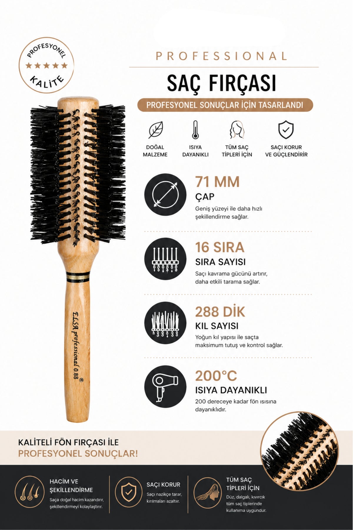 Elsa Professional 0.88 Natürel Saç Fırçası 71 mm – Profesyonel Fön Fırçası, Hacim Veren Yuvarlak Saç Fırçası - Elsa Saç Fırçaları