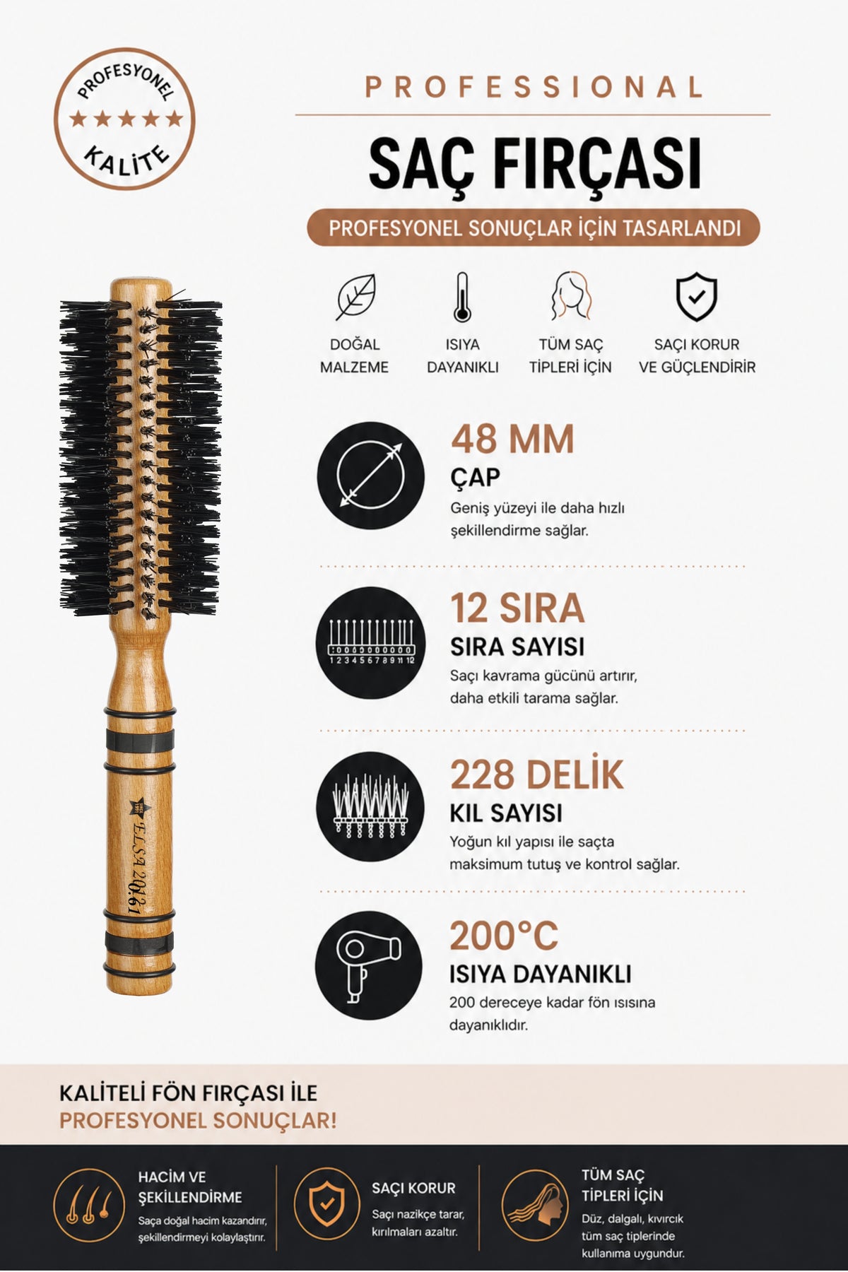 Professional 2012 Natürel Saç Fırçası 48 mm – Profesyonel Fön Fırçası, Hacim Veren Yuvarlak Saç Fırçası - Elsa Saç Fırçaları
