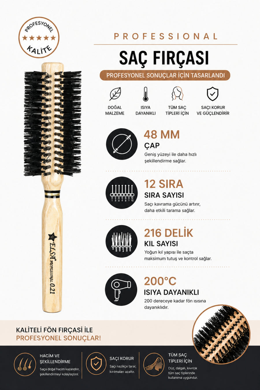 Professional 0.21 Natural Hair Brush 48 mm – Professional Blow-Dry Brush, Volumizing Round Hair Brush