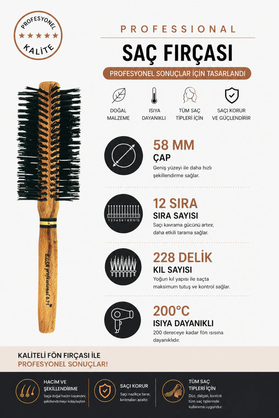 58 mm fırçanın 12 sıra ve 228 kıl teknik özellikleri