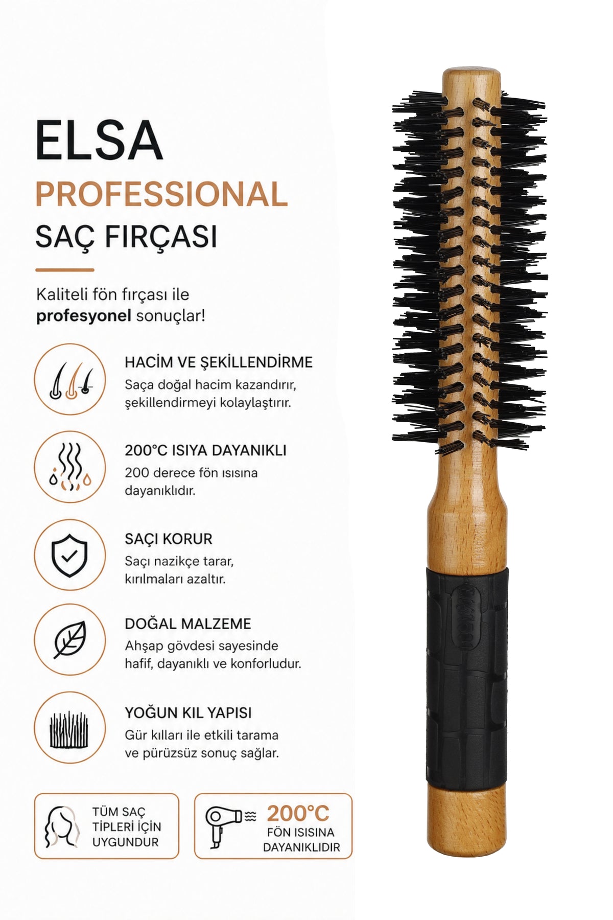 Professional 502 Natürel Saç Fırçası 36 mm – Profesyonel Fön Fırçası, Hacim Veren Yuvarlak Saç Fırçası - Elsa Saç Fırçaları