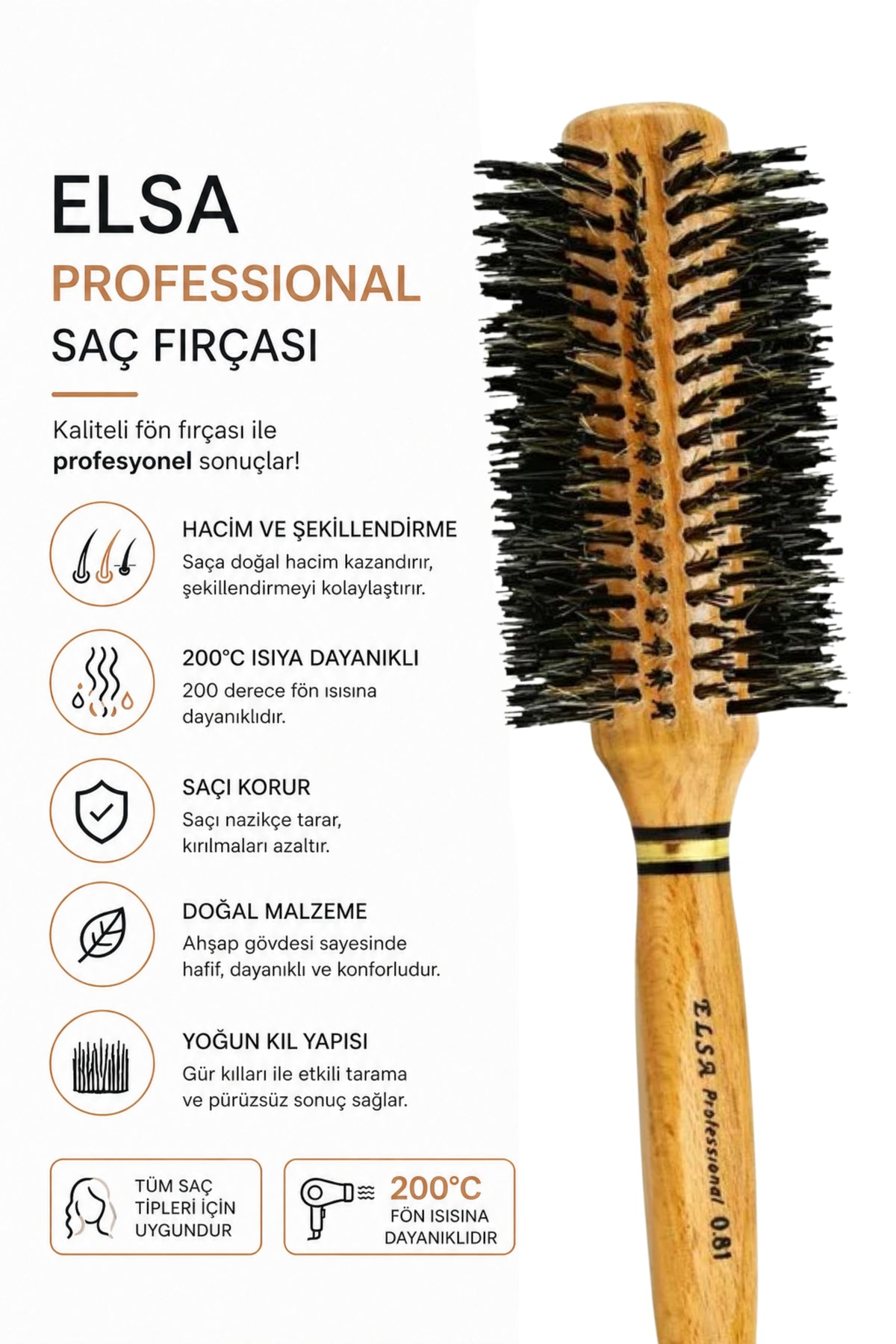 Professional 0.81 Natürel Saç Fırçası 48 mm - Elsa Saç Fırçaları