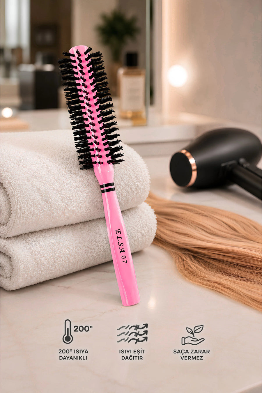 Elsa Professional 07 pembe 37 mm fön fırçası ısı dayanımı ve eşit ısı dağılımı