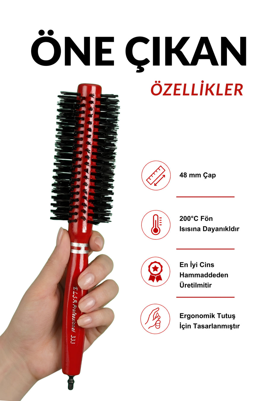 Elsa Professional 333 Tokalı Kırmızı fön fırçası 48 mm ve 200 derece teknik özellikleri
