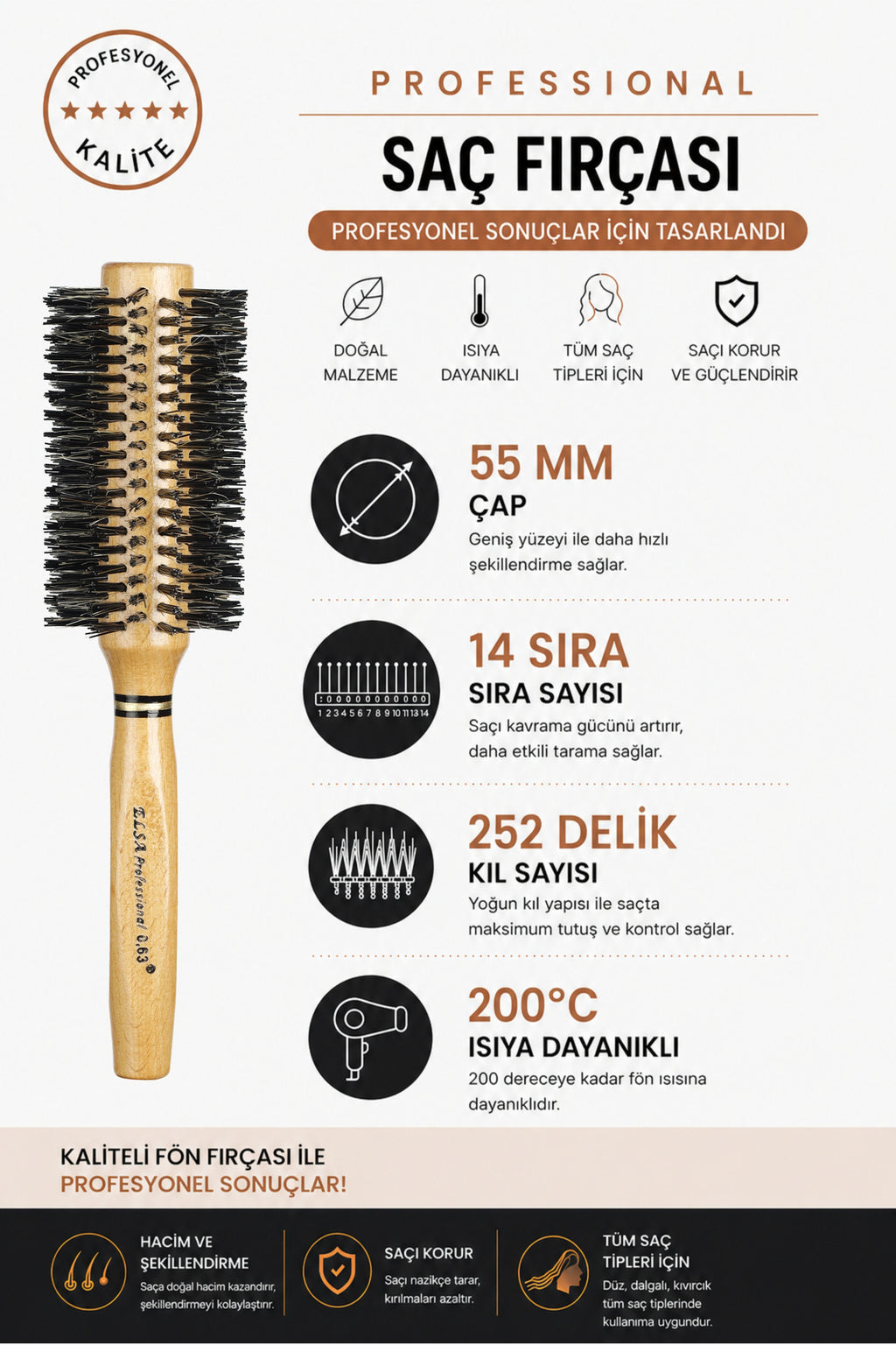 Professional 0.63 Natürel Saç Fırçası 55 mm – Profesyonel Fön Fırçası, Hacim Veren Yuvarlak Saç Fırçası - Elsa Saç Fırçaları