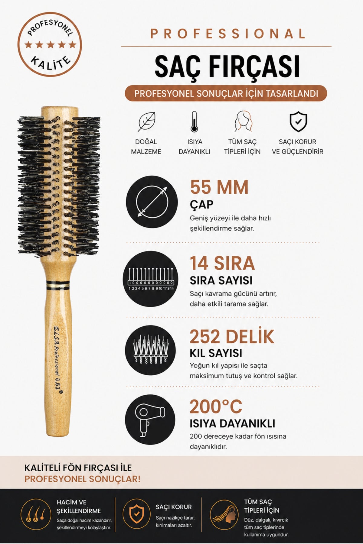 Professional 0.63 Natürel Saç Fırçası 55 mm – Profesyonel Fön Fırçası, Hacim Veren Yuvarlak Saç Fırçası - Elsa Saç Fırçaları