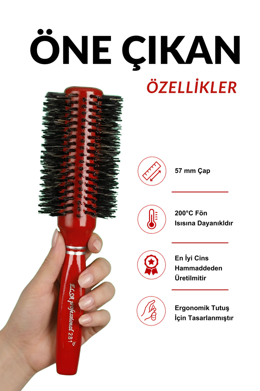 Elsa Professional 281 fön fırçası 57 mm 200°C ve ergonomik tutuş özellikleri