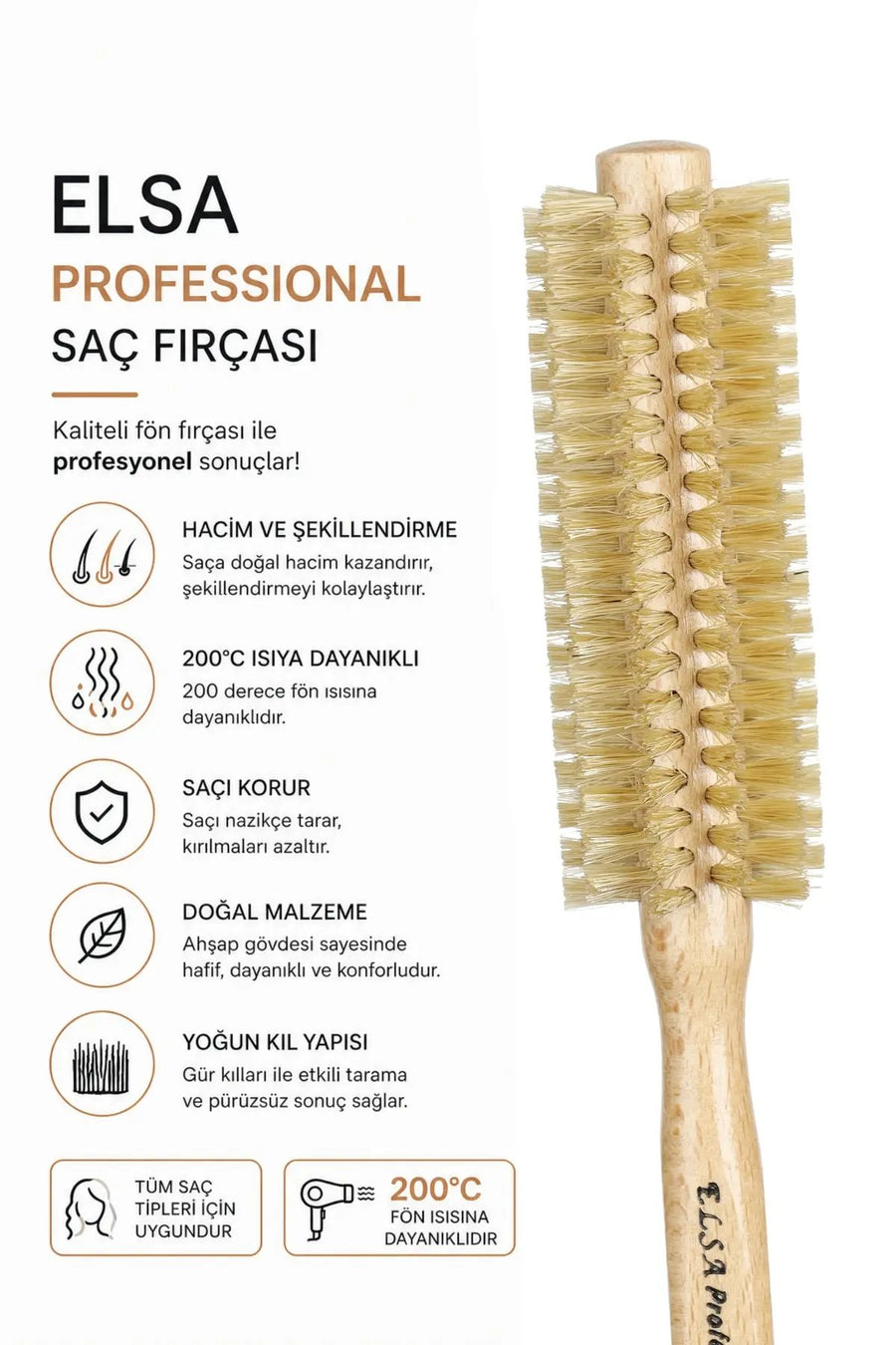 Elsa Professional 717 doğal kıllı fön fırçası doğal malzeme ve 200°C özellikleri