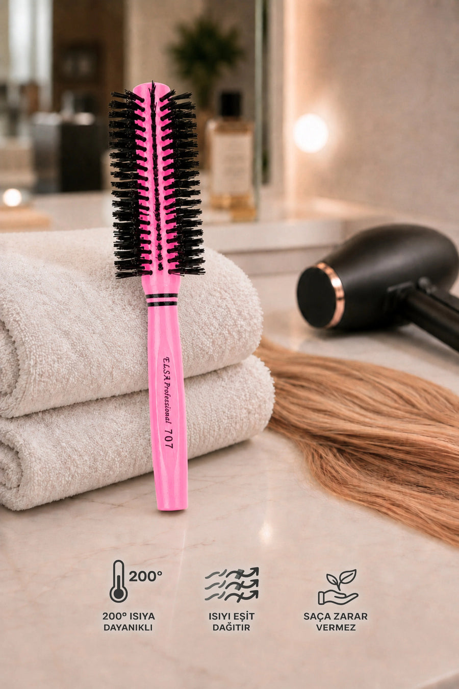 Elsa Professional 707 pembe 48 mm fön fırçası ısı dayanımı ve eşit ısı dağılımı