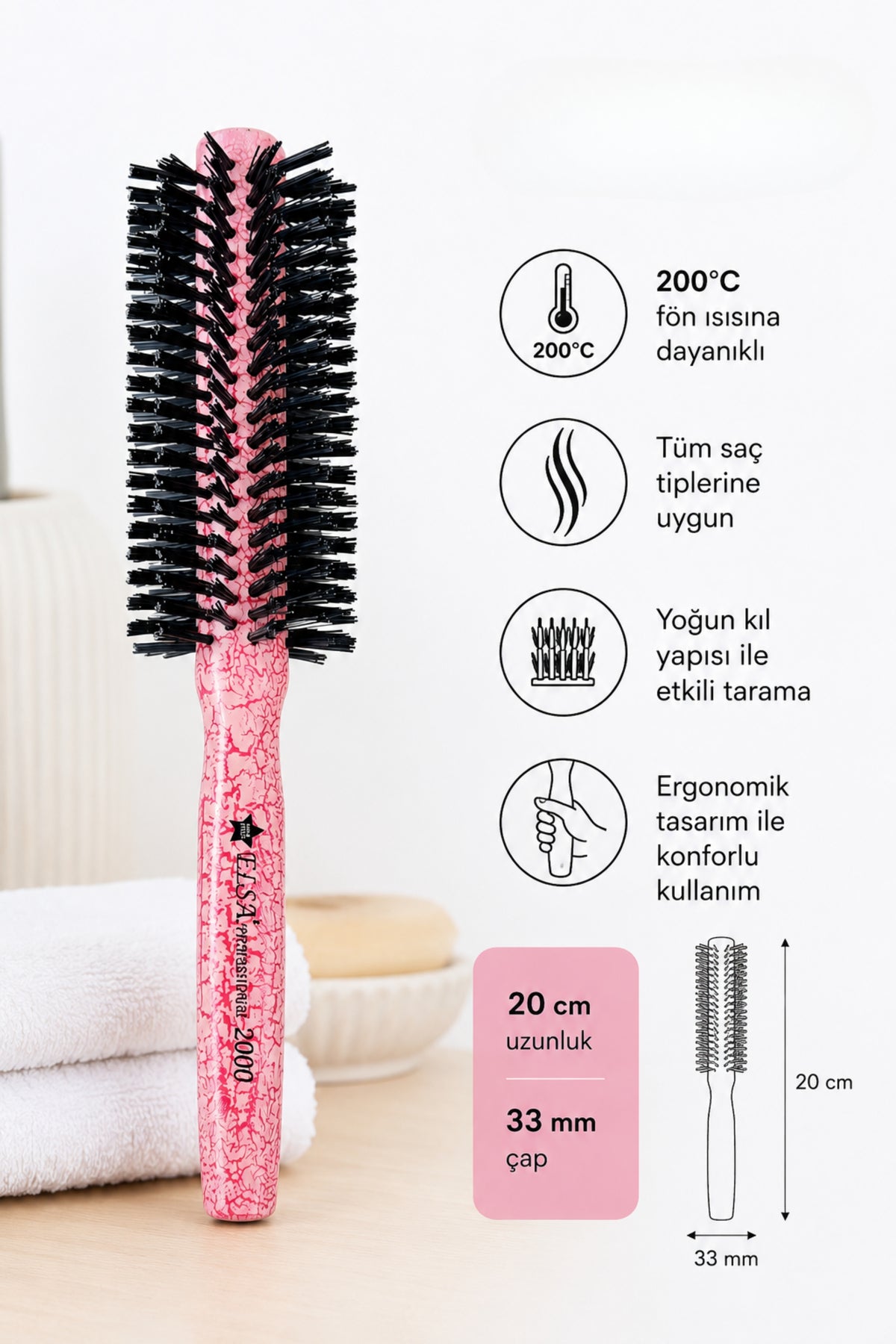 Elsa Professional 2000 Çatlak Serisi Fön Fırçası 48 mm Pembe