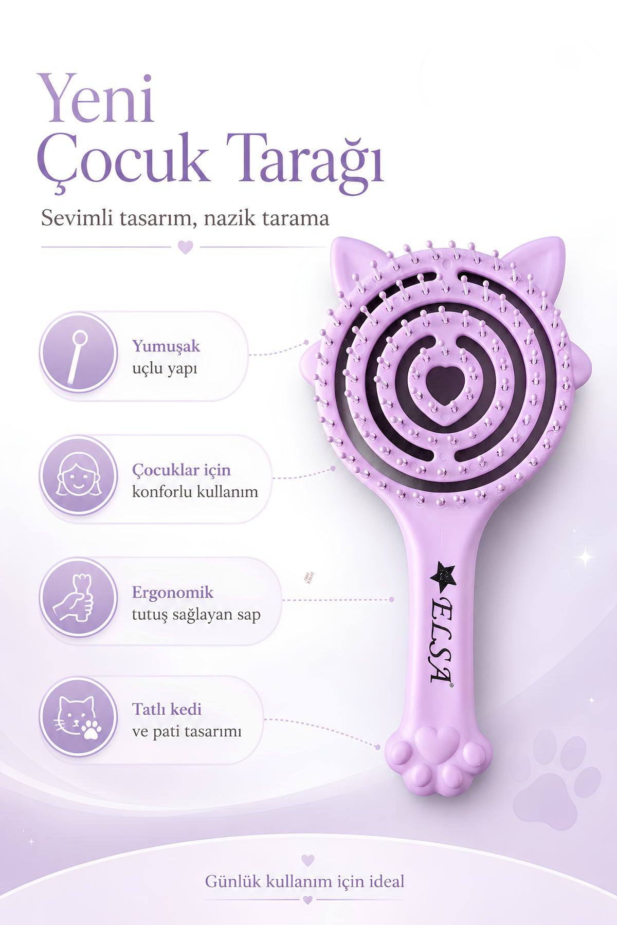 Elsa Professional Üç Boyutlu Çocuk Saç Fırçası Lila Kedi – görsel 2