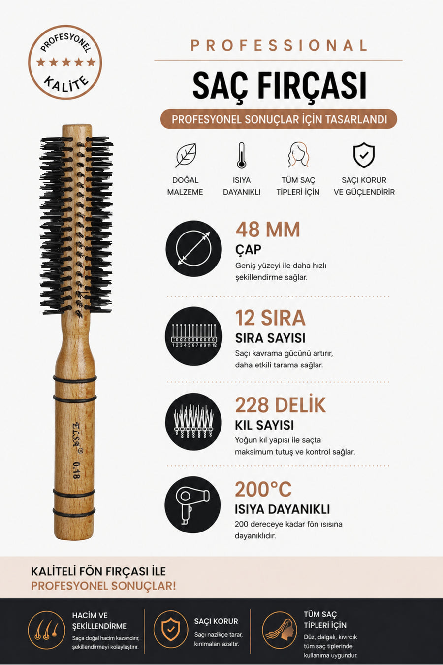 Elsa 0.18 fön fırçası 12 sıra ve 228 kıl deliği