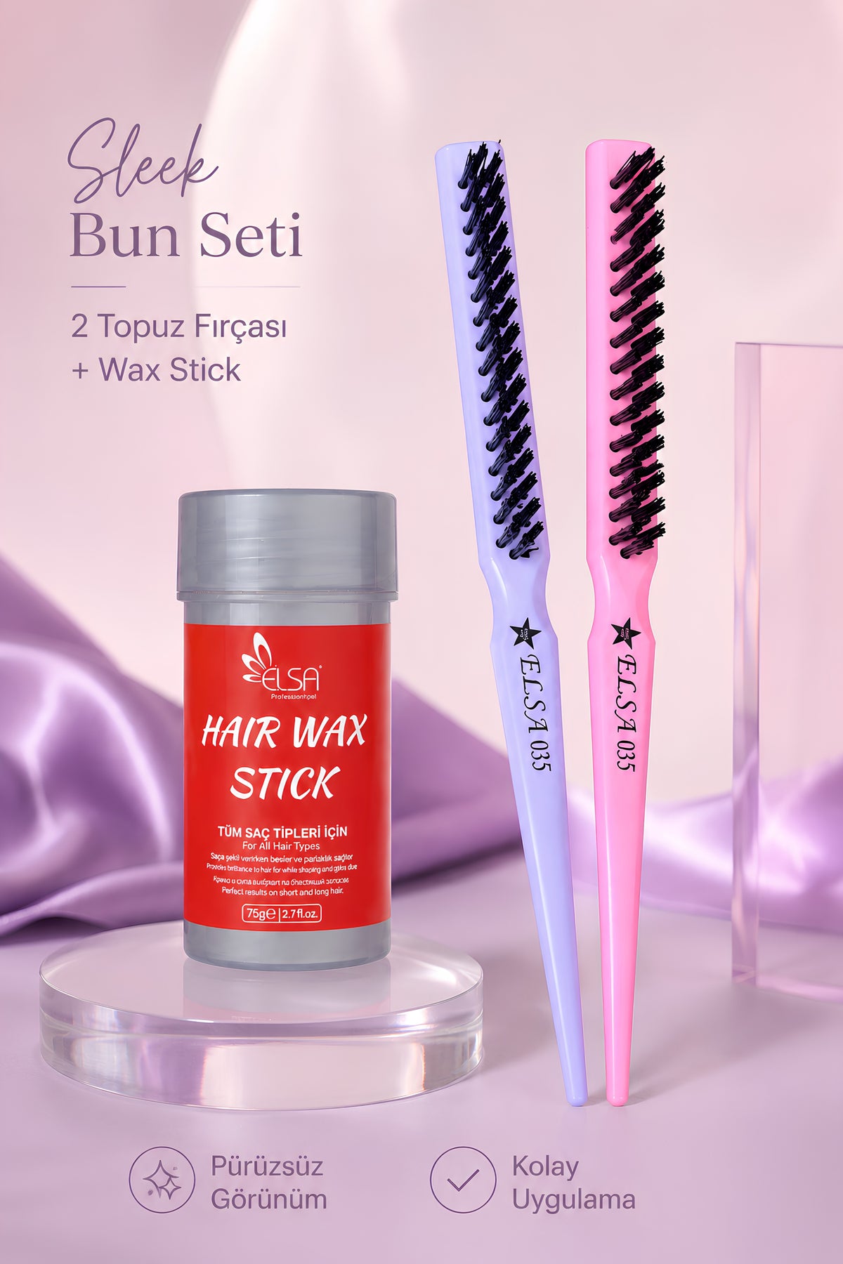 Elsa Sleek Bun Topuz Seti: 2 Topuz Fırçası ve Hair Wax Stick 75 g – görsel 3