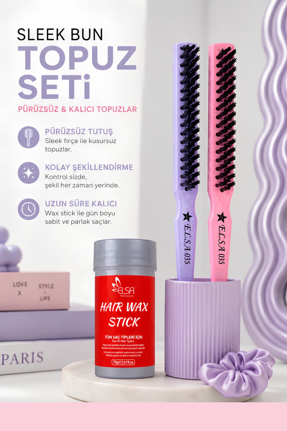 Elsa Sleek Bun Topuz Seti: 2 Topuz Fırçası ve Hair Wax Stick 75 g - Elsa Saç Fırçaları