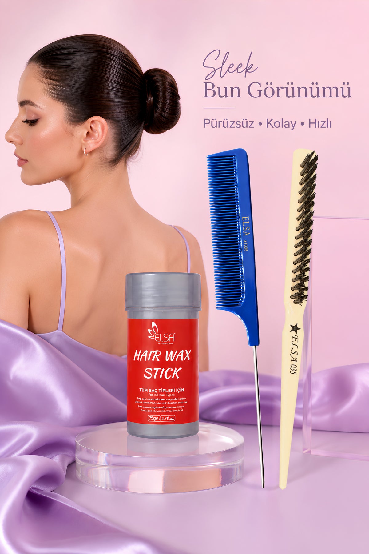 Elsa Sleek Bun Topuz Seti: Topuz Fırçası, Şişli Krepe Tarak ve Hair Wax Stick 75 g - Elsa Saç Fırçaları